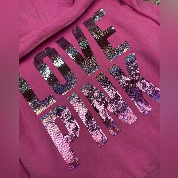 Y2K LOVE PINK VS Fur Lined Sequin Embellished Full Zip Hooded Jacket - Picture 10 of 12